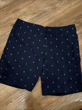 Navy Swim Board Shorts with Teal Cactus Print